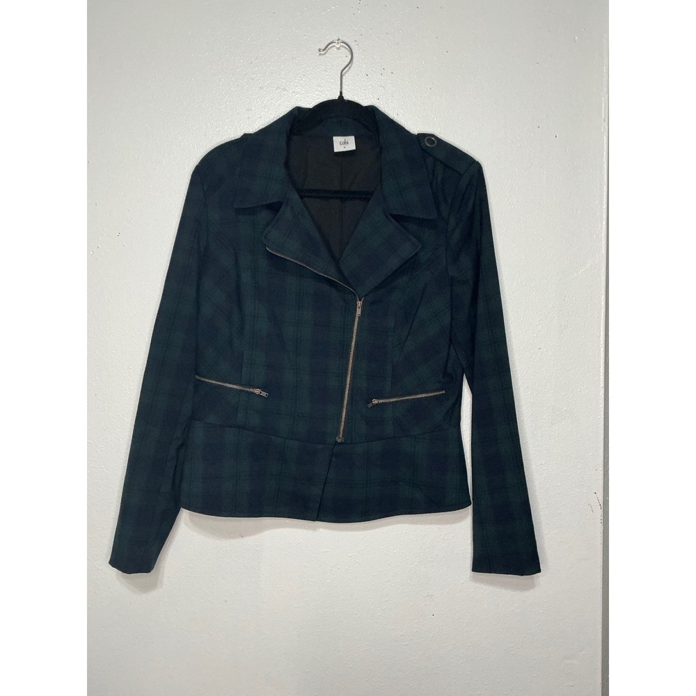 Cabi Moto Jacket Plaid‎ Asymmetrical Zip Green Blue Blazer 8 Grudge Academia